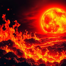 A visually striking image depicting intense heat, with vibrant flames, molten lava, and a scorching sun in the background