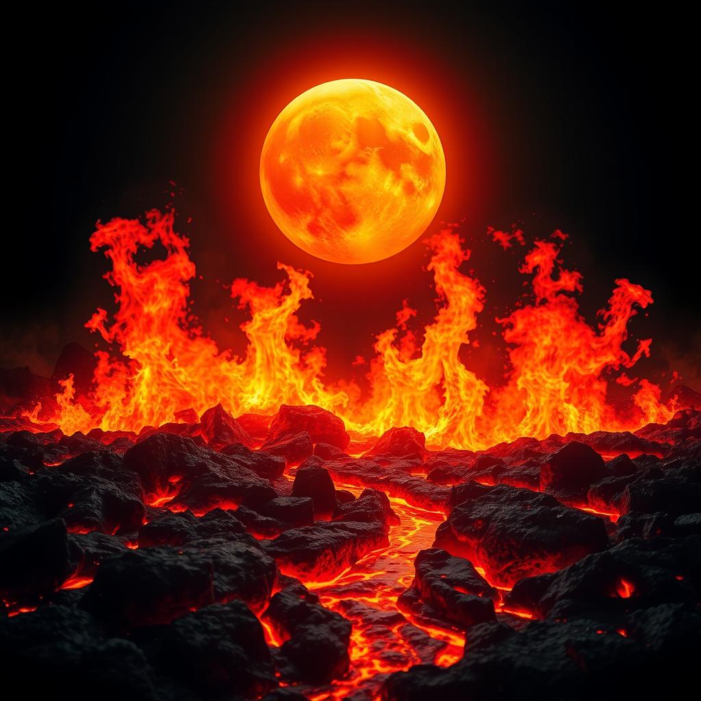 A visually striking image depicting intense heat, with vibrant flames, molten lava, and a scorching sun in the background