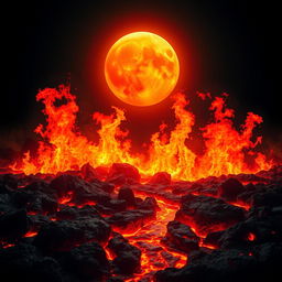 A visually striking image depicting intense heat, with vibrant flames, molten lava, and a scorching sun in the background