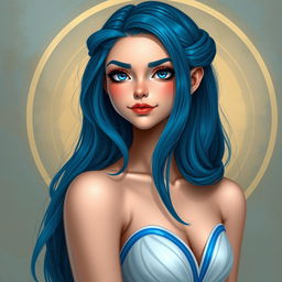 Create a portrait of Melanie, a 19-year-old woman with a triangular, small face, vivid makeup, and vivid blue eyes