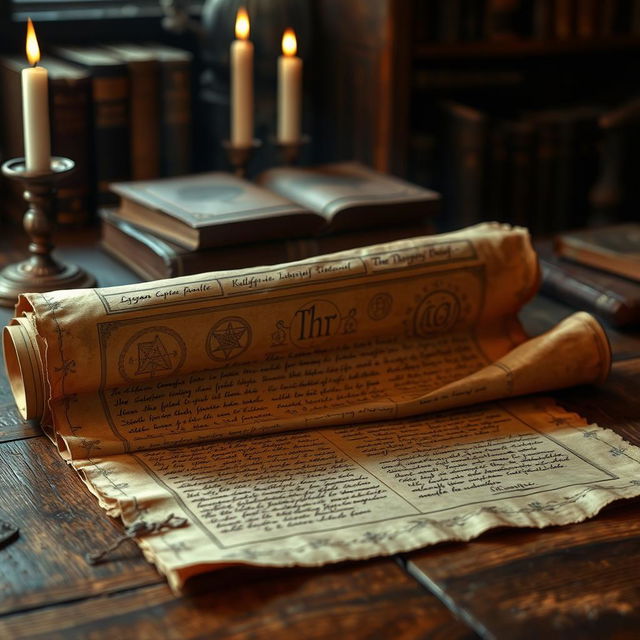 An ancient scroll unrolled on a wooden table