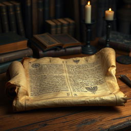 An ancient scroll unrolled on a wooden table