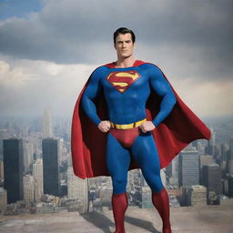 Superman in a heroic pose with the city background and his cape billowing in the wind