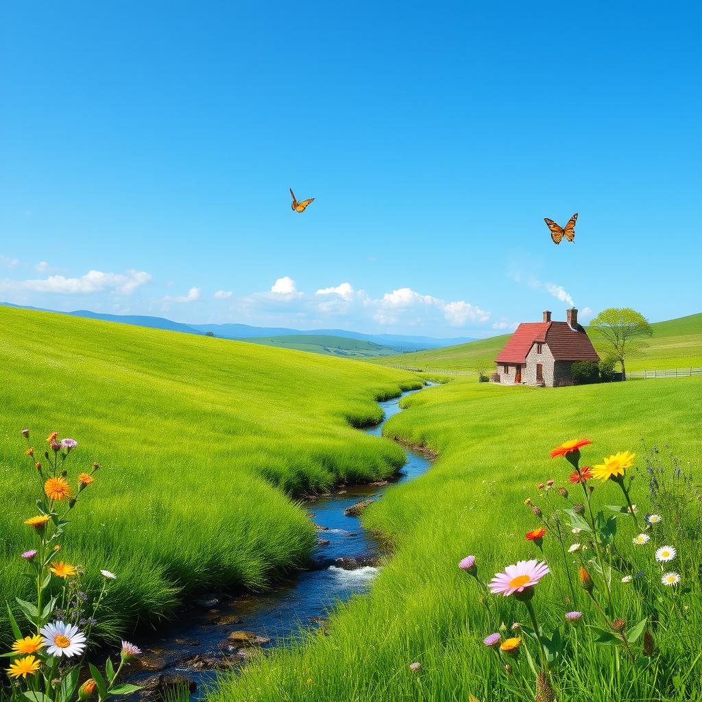 A serene landscape with a lush green meadow, a clear blue sky, and a gentle stream flowing through the center