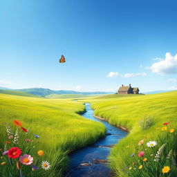 A serene landscape with a lush green meadow, a clear blue sky, and a gentle stream flowing through the center