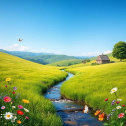 A serene landscape with a lush green meadow, a clear blue sky, and a gentle stream flowing through the center