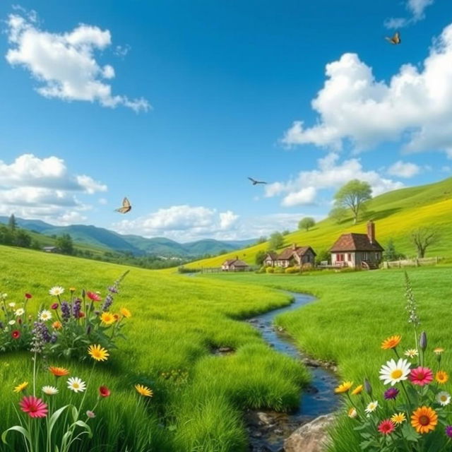 A serene landscape with a lush green meadow, a clear blue sky, and a gentle stream flowing through the center