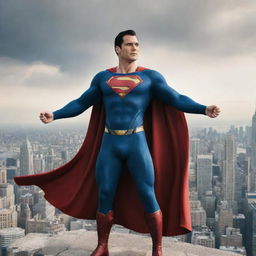 Superman in a heroic pose with the city background and his cape billowing in the wind