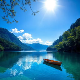 A serene landscape featuring a clear blue lake surrounded by lush green trees and mountains in the background