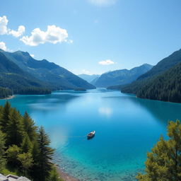 A serene landscape featuring a clear blue lake surrounded by lush green trees and mountains in the background