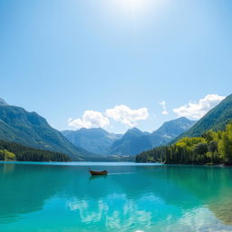 A serene landscape featuring a clear blue lake surrounded by lush green trees and mountains in the background