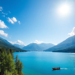 A serene landscape featuring a clear blue lake surrounded by lush green trees and mountains in the background