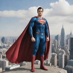 Superman in a heroic pose with the city background and his cape billowing in the wind