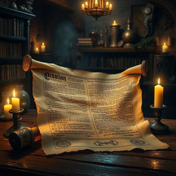 An ancient scroll unfurled on a wooden table, illuminated by the warm glow of candlelight