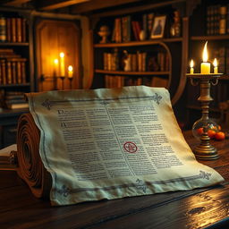 An ancient scroll unfurled on a wooden table, illuminated by the warm glow of candlelight