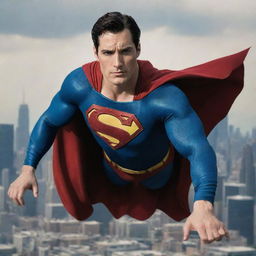 Superman in a heroic pose with the city background and his cape billowing in the wind