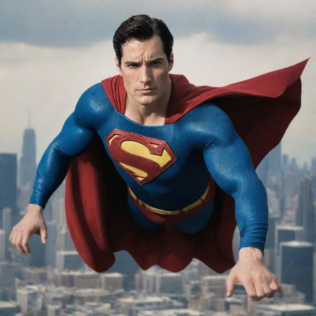 Superman in a heroic pose with the city background and his cape billowing in the wind