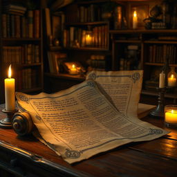 An ancient scroll unfurled on a wooden table, illuminated by the warm glow of candlelight