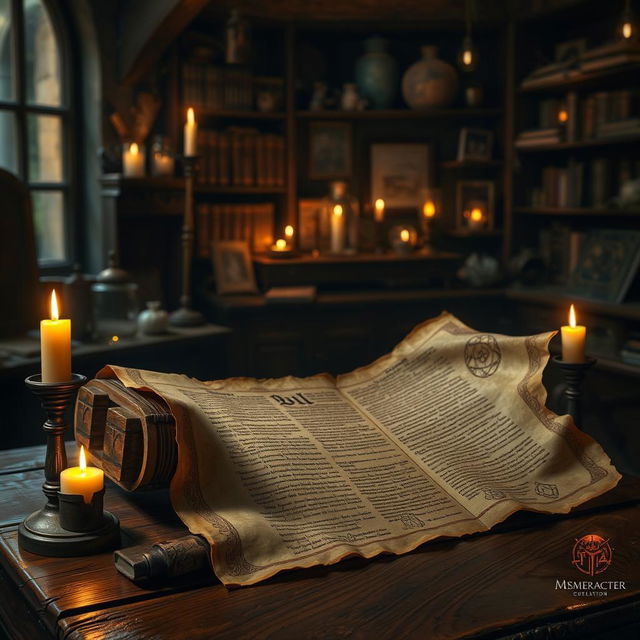 An ancient scroll unfurled on a wooden table, illuminated by the warm glow of candlelight