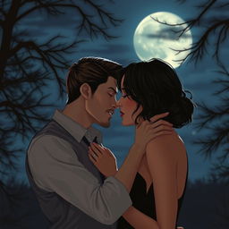 A romantic scene featuring two individuals in a forbidden love affair, set against a backdrop of a serene, moonlit night