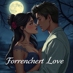 A romantic scene featuring two individuals in a forbidden love affair, set against a backdrop of a serene, moonlit night