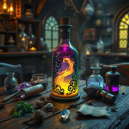 A mystical potion bottle filled with a glowing, swirling liquid