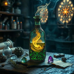 A mystical potion bottle filled with a glowing, swirling liquid