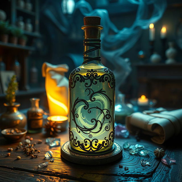 A mystical potion bottle filled with a glowing, swirling liquid