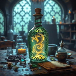 A mystical potion bottle filled with a glowing, swirling liquid