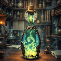 A mystical potion bottle filled with a glowing, swirling liquid