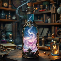 A mystical potion bottle filled with a glowing, swirling liquid