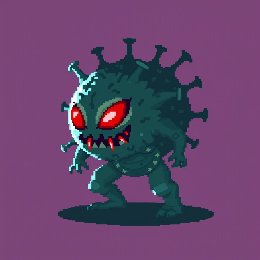 Pixel art character in 16x16 style, representing a digital virus that escaped from a lab after a scientist's mistake