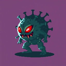 Pixel art character in 16x16 style, representing a digital virus that escaped from a lab after a scientist's mistake