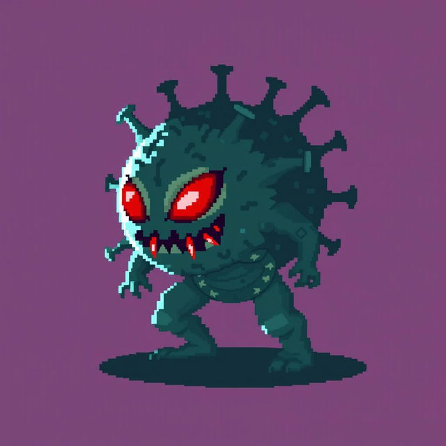 Pixel art character in 16x16 style, representing a digital virus that escaped from a lab after a scientist's mistake