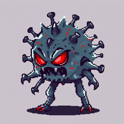 Pixel art character in 16x16 style, representing a digital virus that escaped from a lab after a scientist's mistake