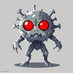 Pixel art character in 16x16 style, representing a digital virus that escaped from a lab after a scientist's mistake