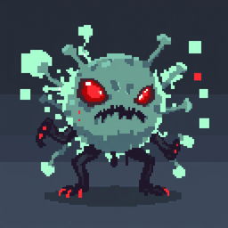 Pixel art character in 16x16 style, representing a digital virus that escaped from a lab after a scientist's mistake