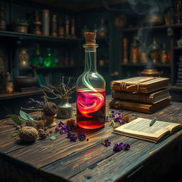 A magical potion bottle sitting on an old wooden table