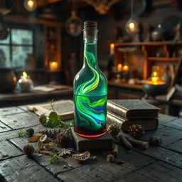 A magical potion bottle sitting on an old wooden table