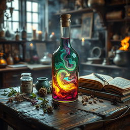 A magical potion bottle sitting on an old wooden table