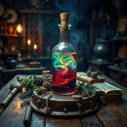 A magical potion bottle sitting on an old wooden table