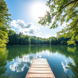 A beautiful landscape featuring a serene lake surrounded by lush green trees, with a clear blue sky and fluffy white clouds