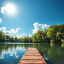 A beautiful landscape featuring a serene lake surrounded by lush green trees, with a clear blue sky and fluffy white clouds