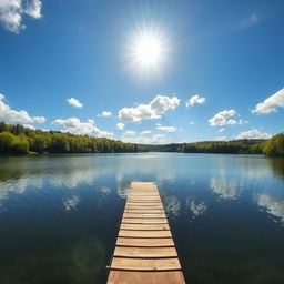 A beautiful landscape featuring a serene lake surrounded by lush green trees, with a clear blue sky and fluffy white clouds