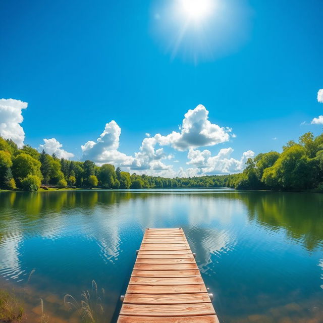 A beautiful landscape featuring a serene lake surrounded by lush green trees, with a clear blue sky and fluffy white clouds