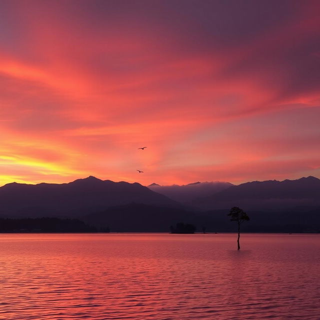 A beautiful sunset over a serene lake with mountains in the background