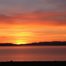 A beautiful sunset over a serene lake with mountains in the background