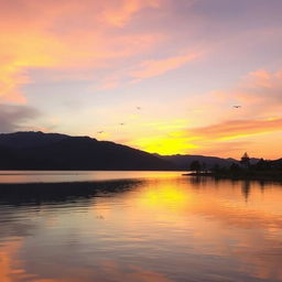 A beautiful sunset over a serene lake with mountains in the background