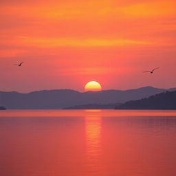 A beautiful sunset over a serene lake with mountains in the background