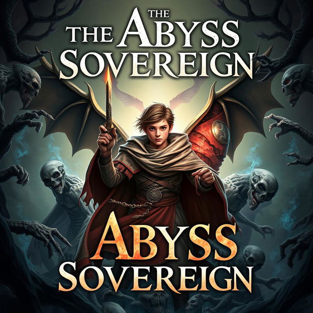 Create a fantasy novel cover titled 'The Abyss Sovereign' featuring a necromancer theme